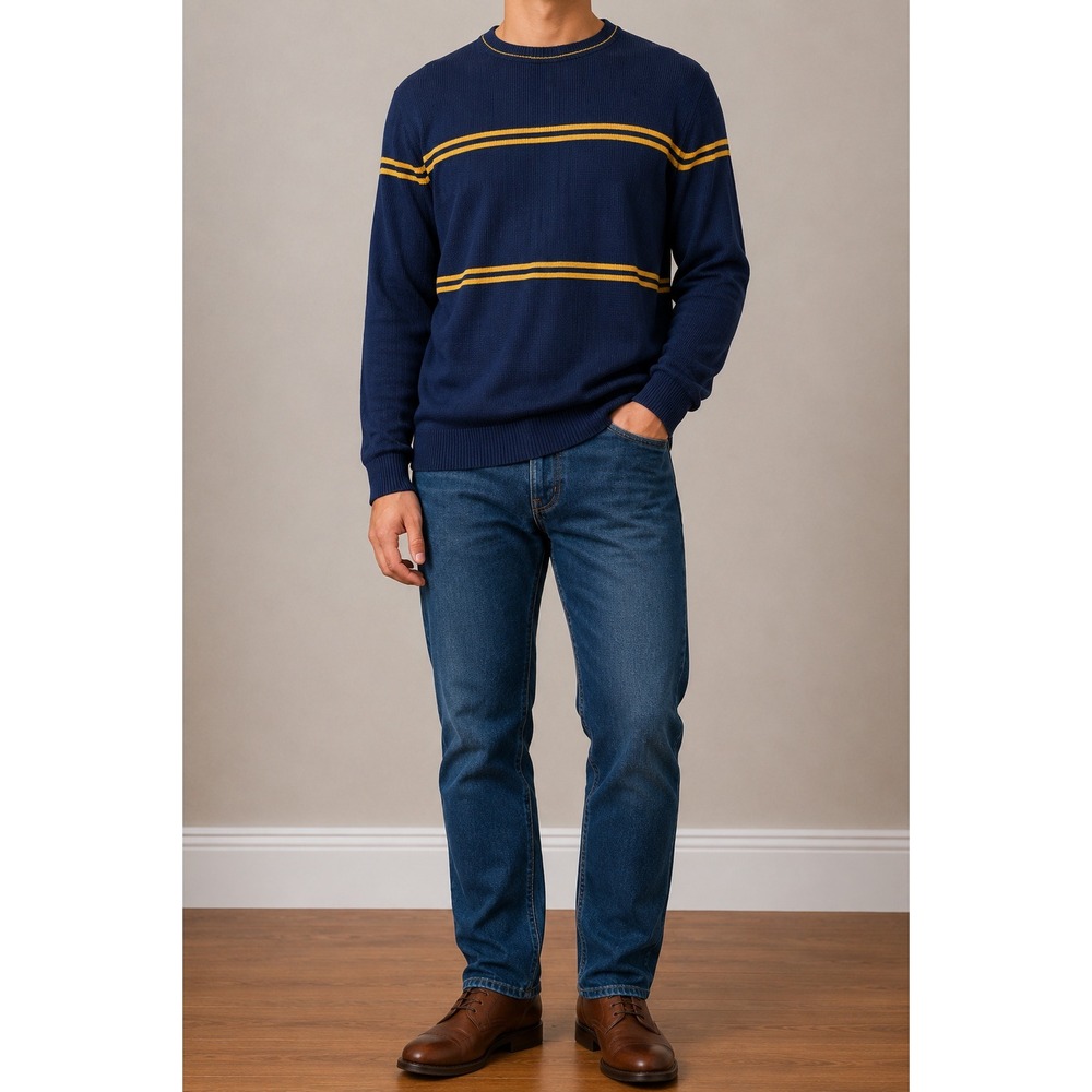 Club Room Merino Wool Blend Sweater Men Medium Navy Stripe‎ Crew Neck Pullover